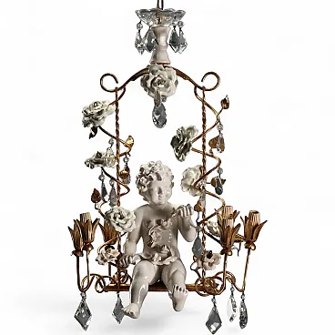 Chandelier in iron and golden sheet metal and ceramic, 20th century