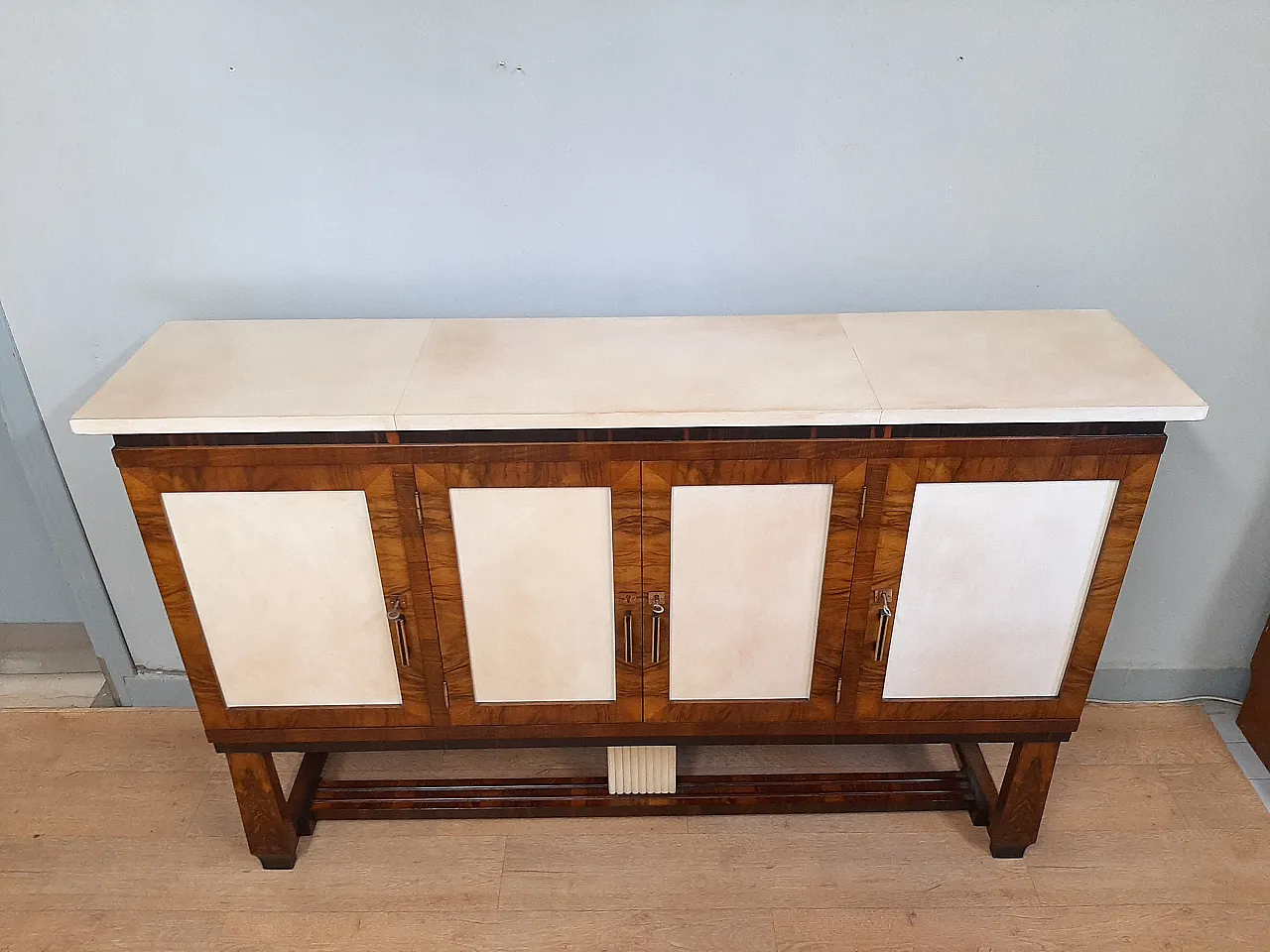 Credenza mobile alto art deco in radica di noce,ebano e pergamena 1940 14