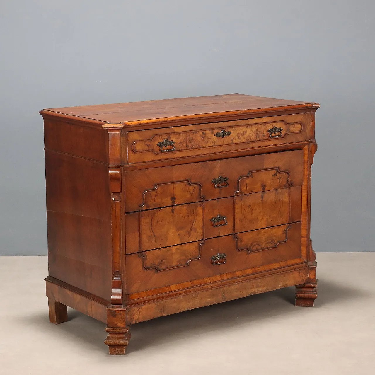 Umbertino chest of drawers in walnut and walnut root, 19th century 1