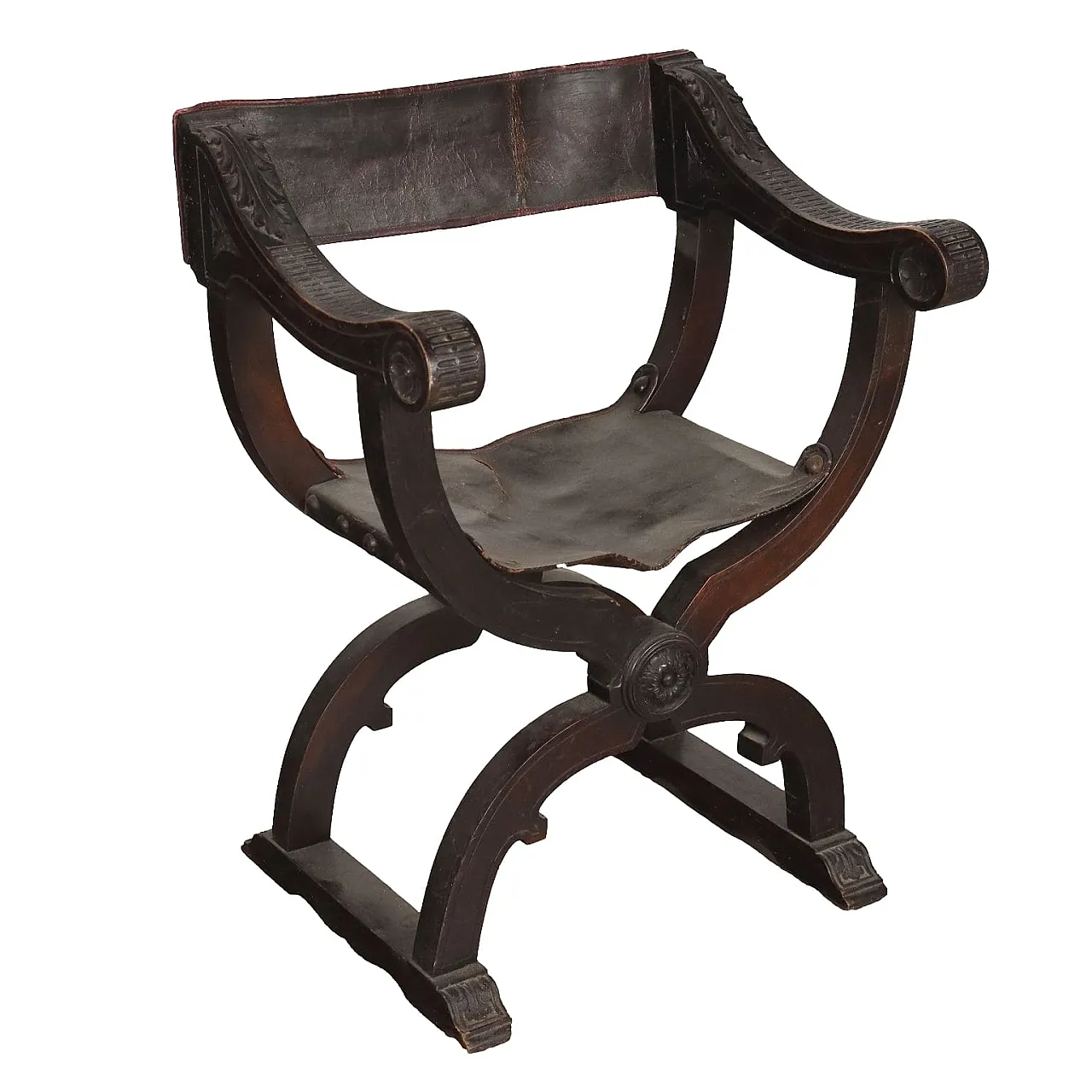 Dantesque carved walnut chair with leather seat and back, 19th century 1