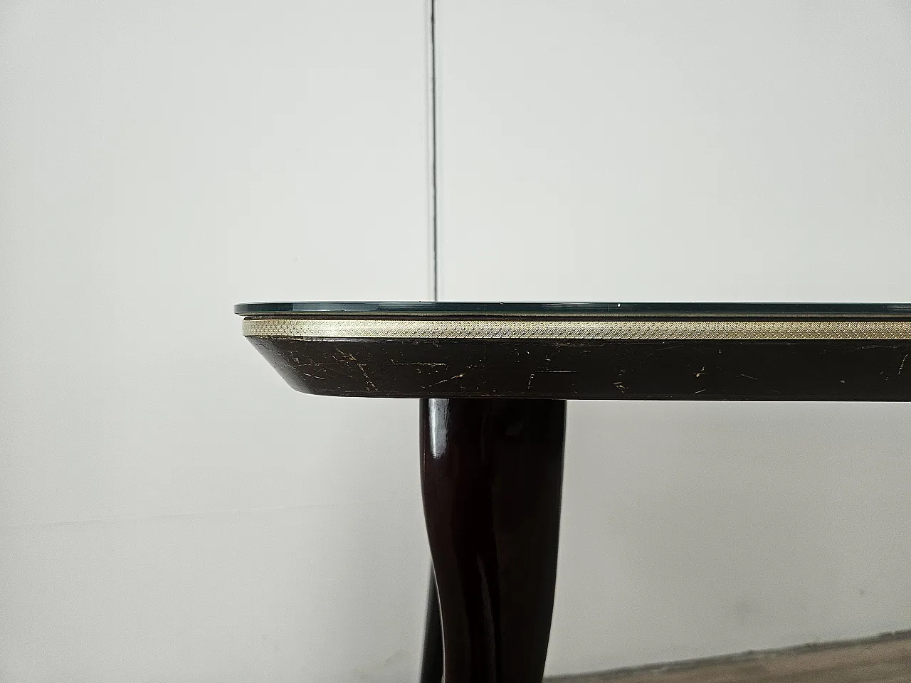 Tavolo da pranzo Mid Century in mogano con piano in vetro verdeacqua 11