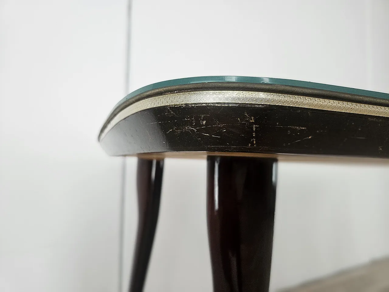 Tavolo da pranzo Mid Century in mogano con piano in vetro verdeacqua 12