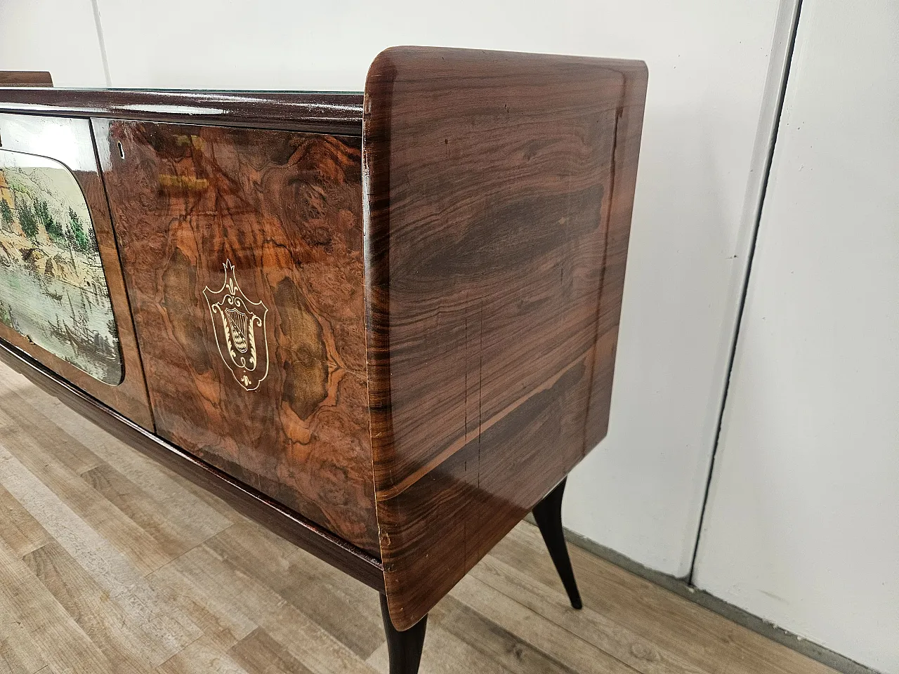 Credenza Mid-Century anni ’50 in mogano con vetro verde acqua 2