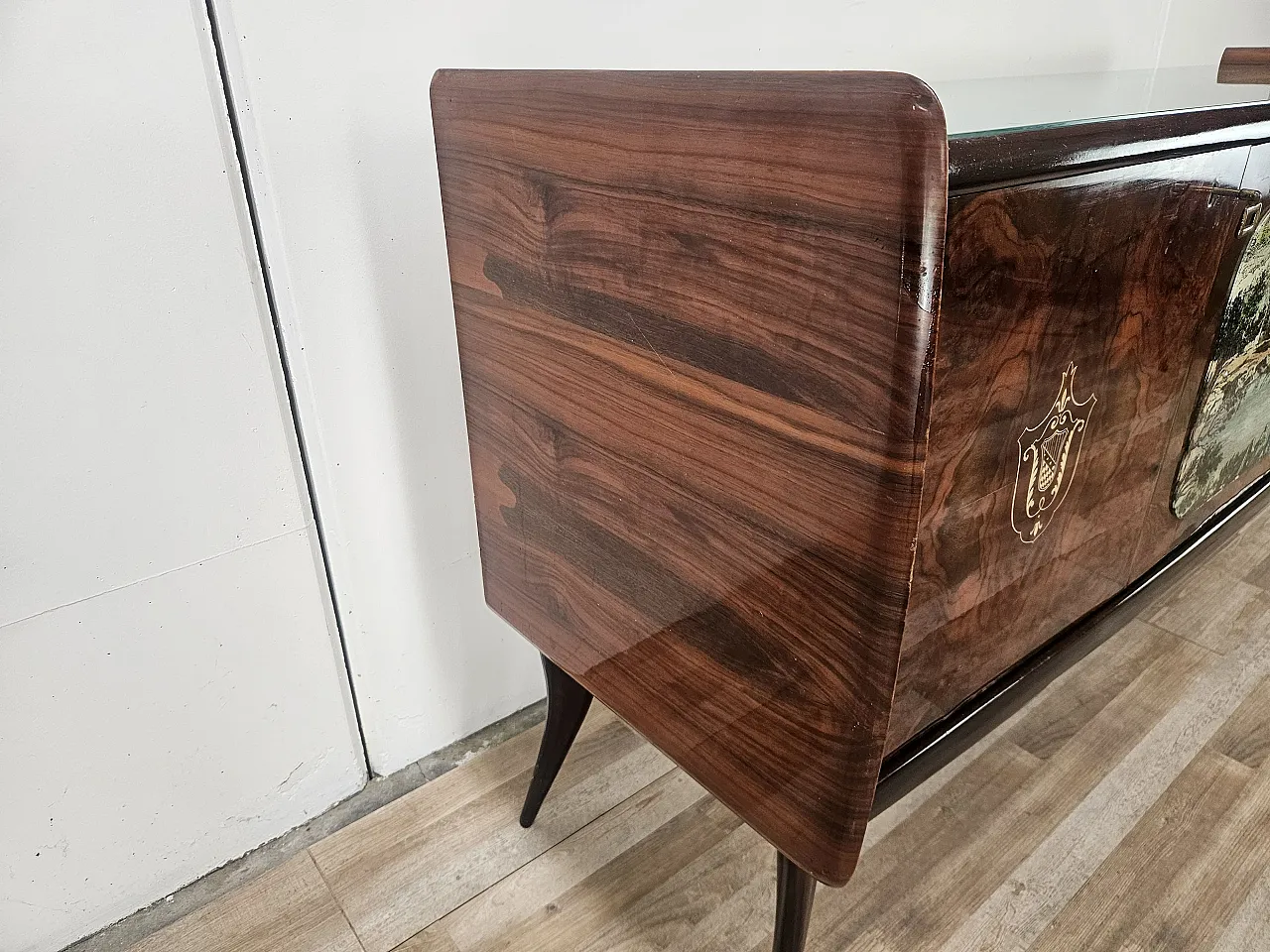 Credenza Mid-Century anni ’50 in mogano con vetro verde acqua 3