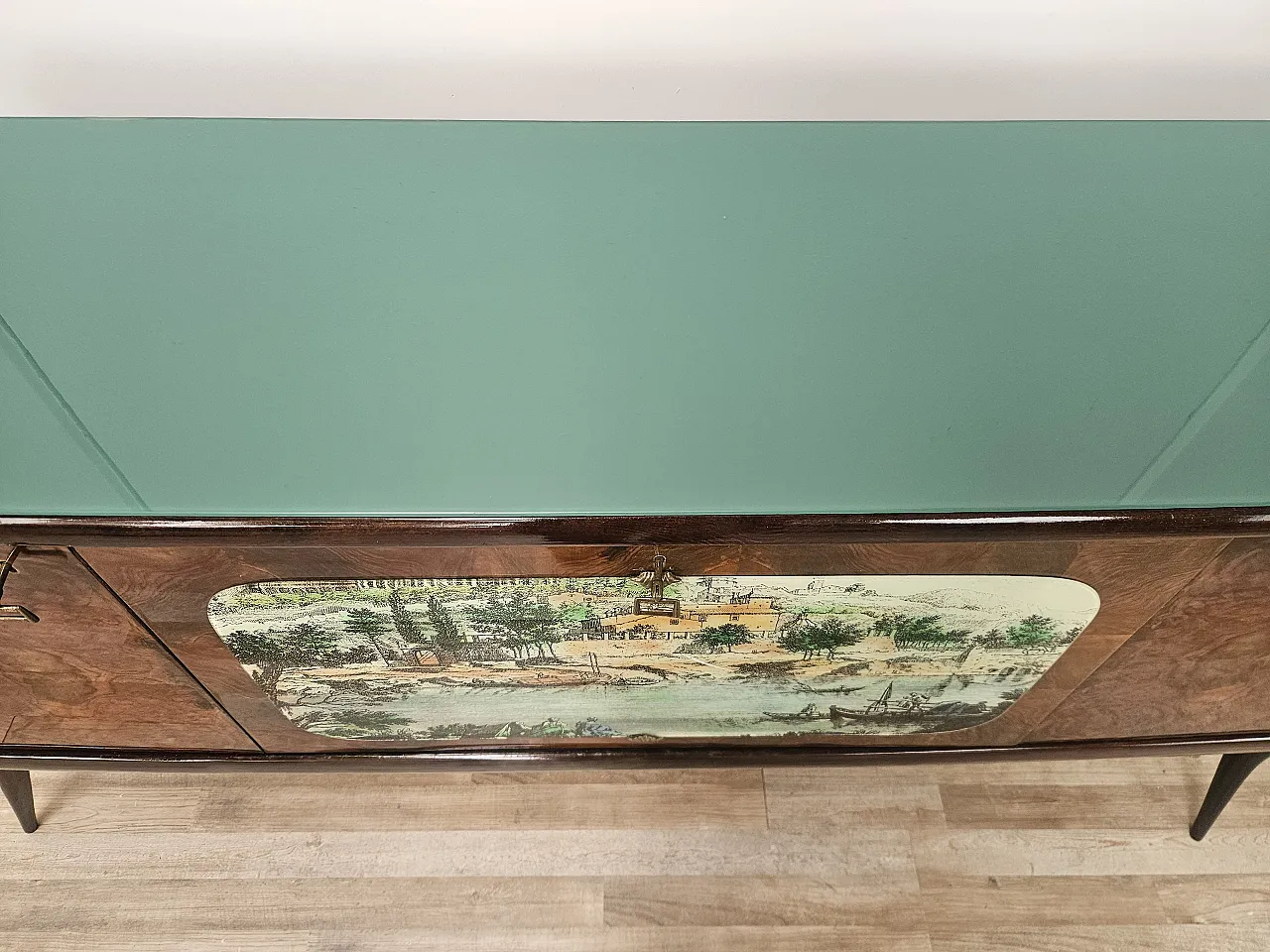 Credenza Mid-Century anni ’50 in mogano con vetro verde acqua 5