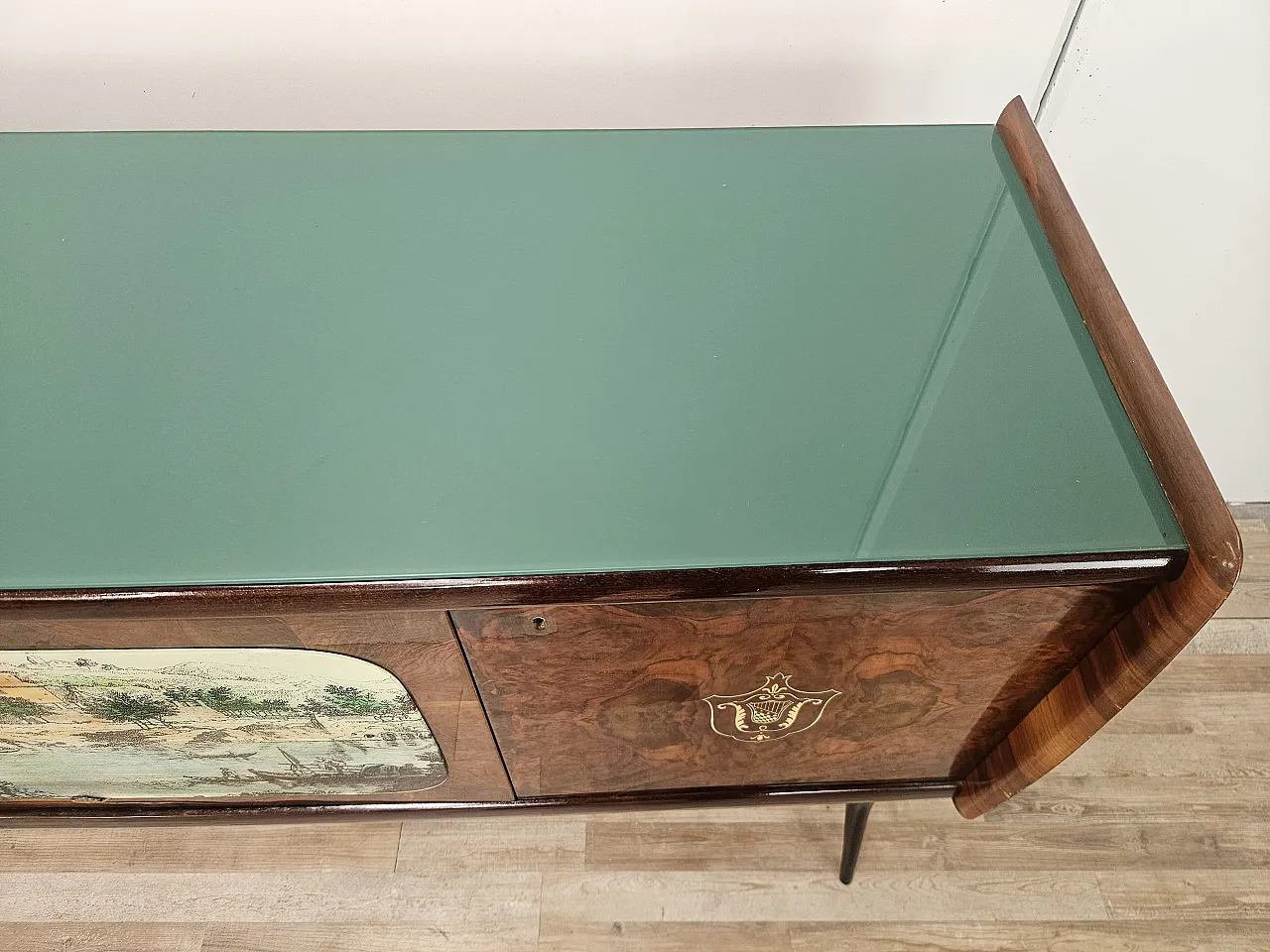Credenza Mid-Century anni ’50 in mogano con vetro verde acqua 6