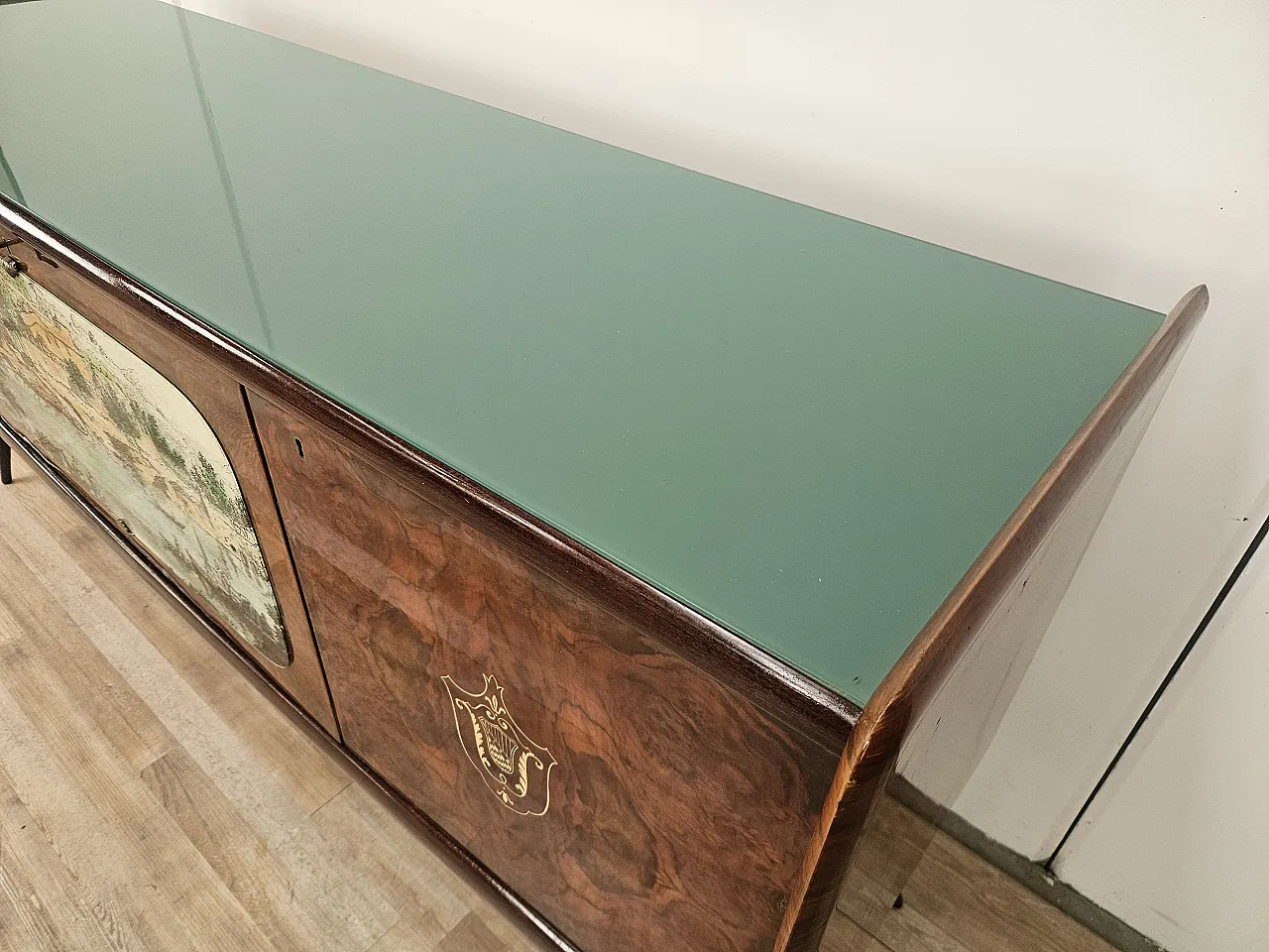 Credenza Mid-Century anni ’50 in mogano con vetro verde acqua 7