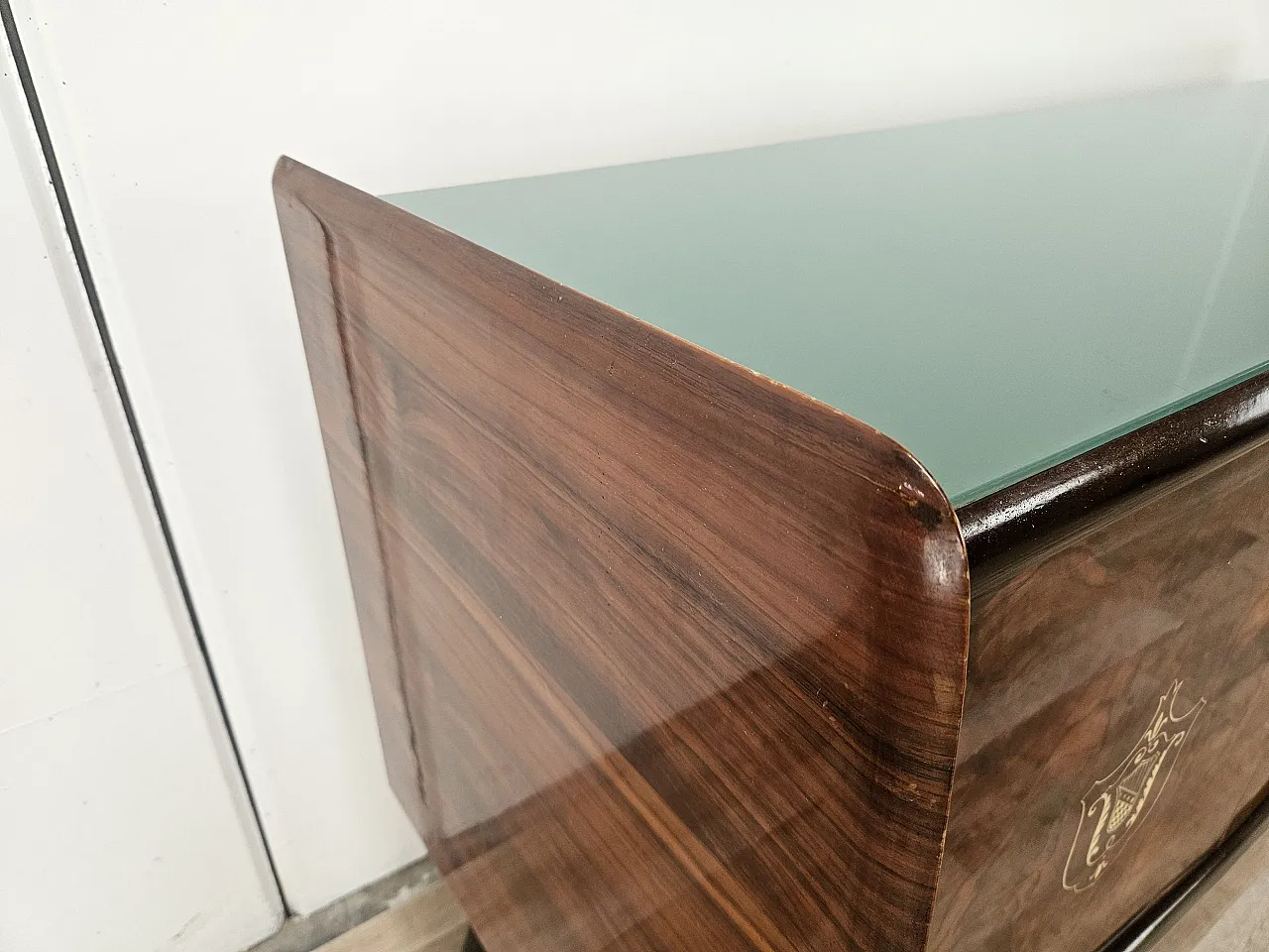 Credenza Mid-Century anni ’50 in mogano con vetro verde acqua 8