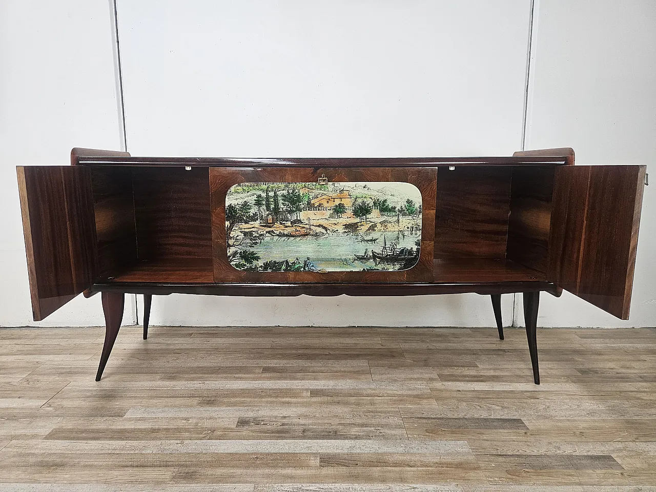 Credenza Mid-Century anni ’50 in mogano con vetro verde acqua 12