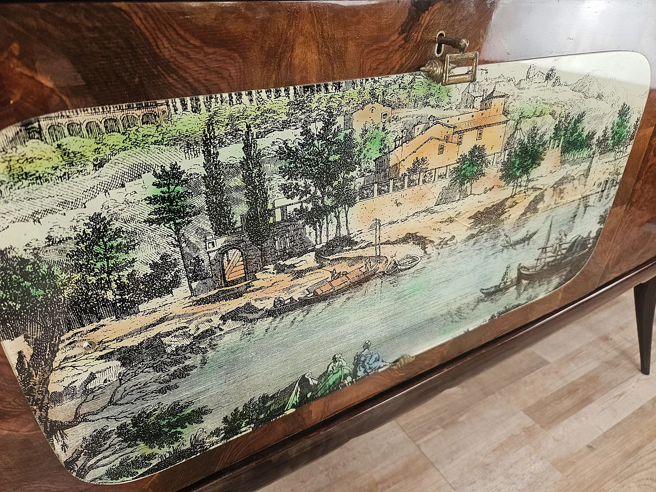 Credenza Mid-Century anni ’50 in mogano con vetro verde acqua 16