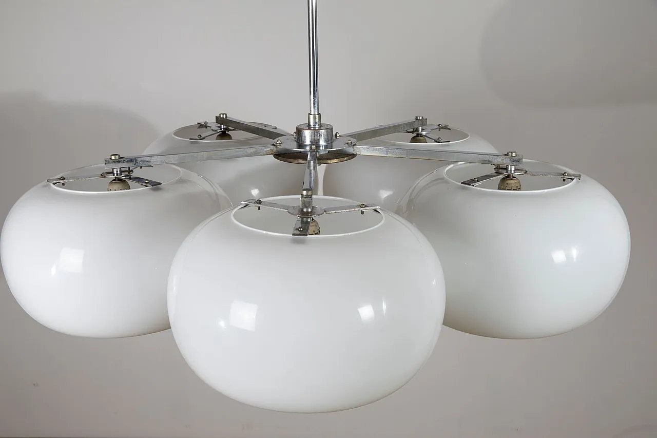 Large Mid-Century Modern five-light opaline glass chandelier, 1970s 3