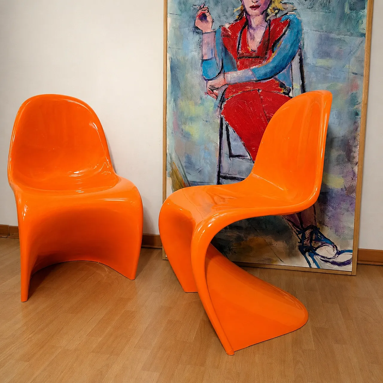Pair of Verner Panton Chairs by Vitra in Glossy Orange Resin, 90s 1