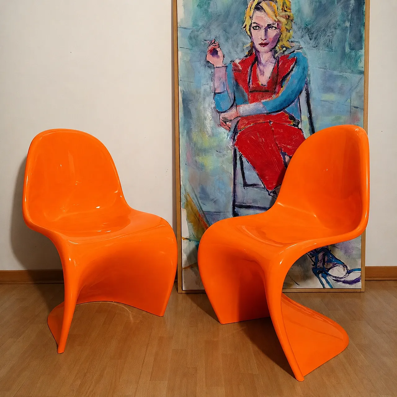 Pair of Verner Panton Chairs by Vitra in Glossy Orange Resin, 90s 3