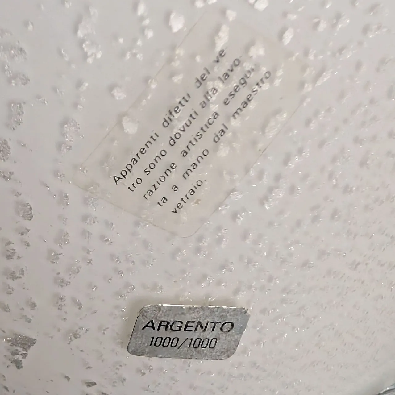 Lampada anni ’70 in vetro di Murano bianco e foglia d’argento 6