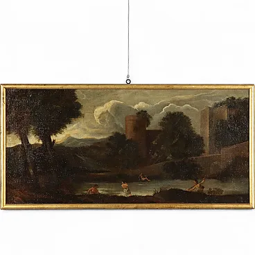 Landscape with Buildings and Bathers, oil on canvas, 18th century