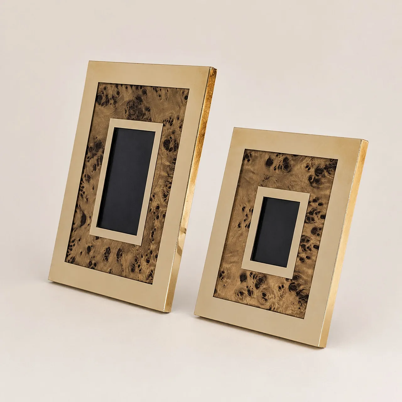 Pair of Willy Rizzo style briar and brass photo frames, 1970s 2