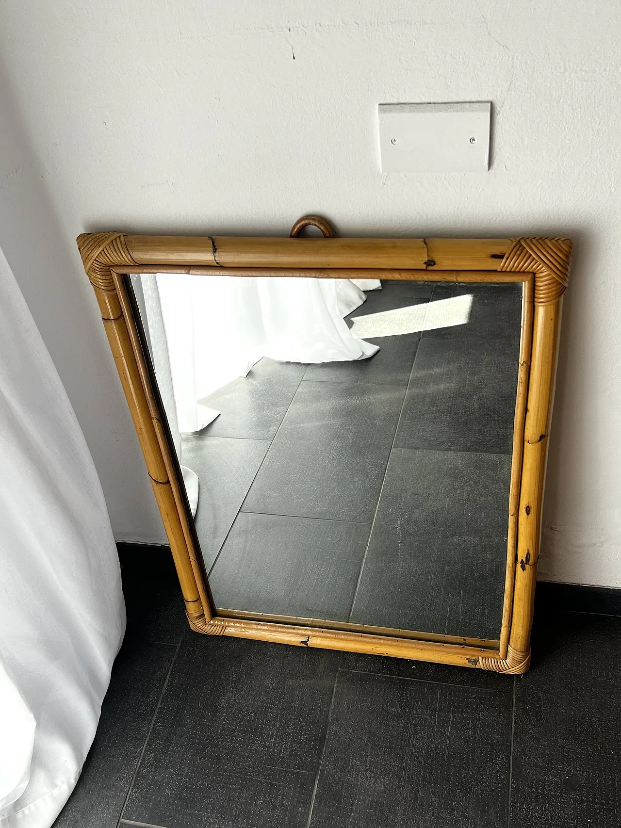Specchio rettangolare con cornice in bambù, anni '70 2