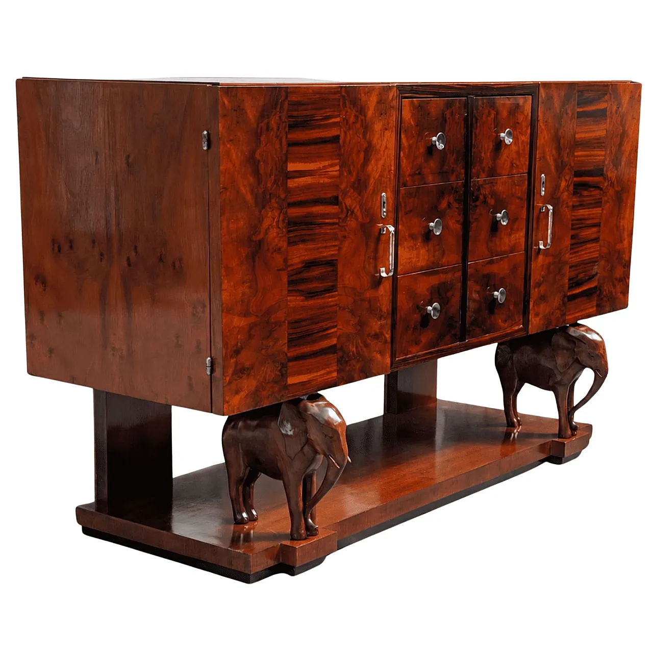 Credenza Art Déco siciliana in legno con elefanti scolpiti a mano 1