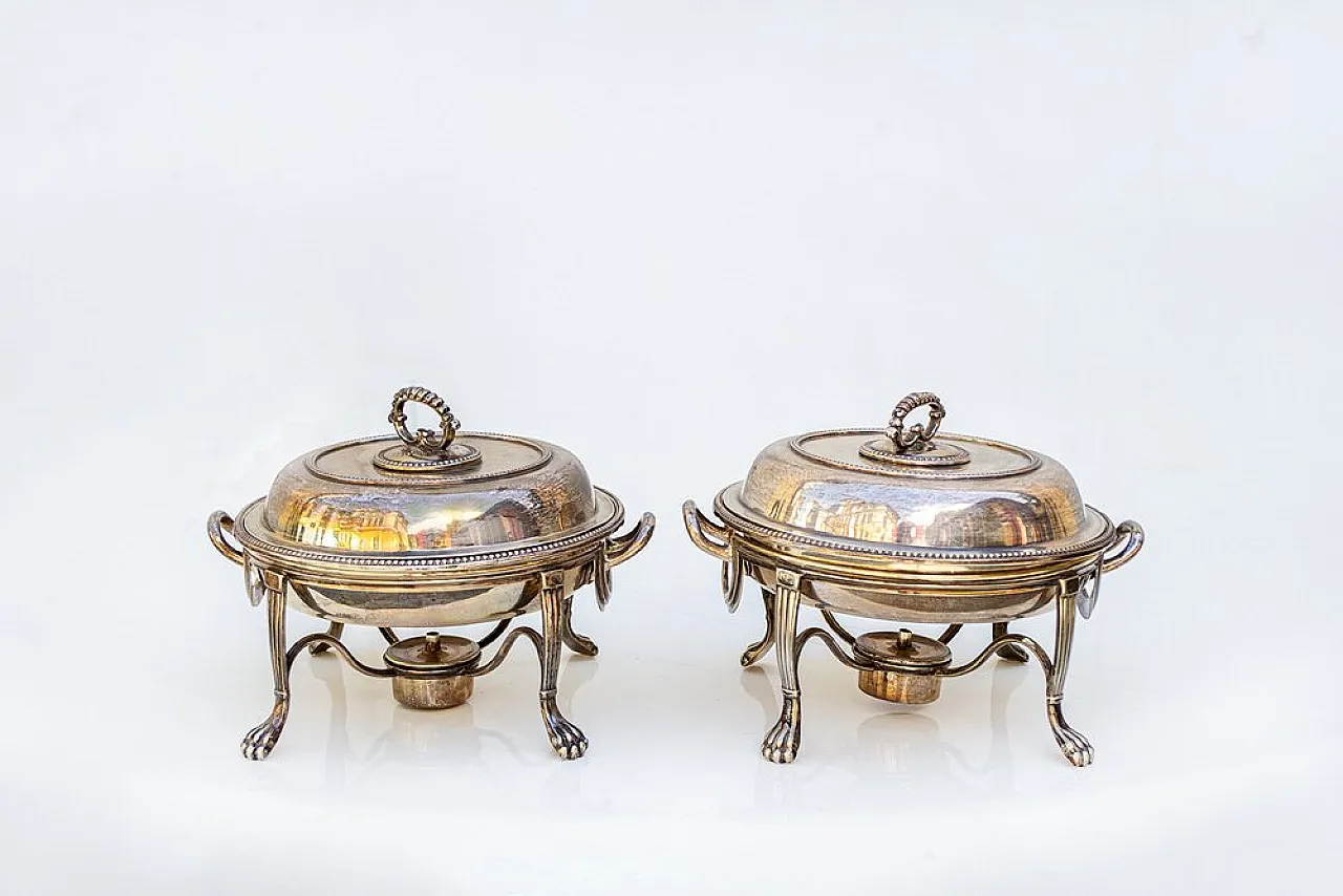 Pair of silver-plated metal chafing dishes from Lambert London, 1920s 1