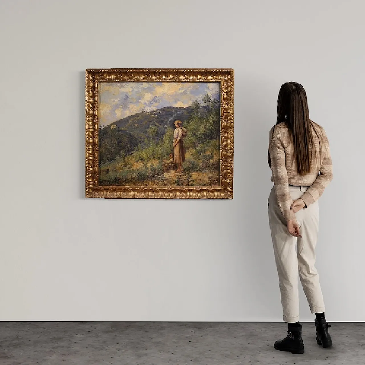 Multedo Oldoino, landscape painting with figure signed and dated 1914 2