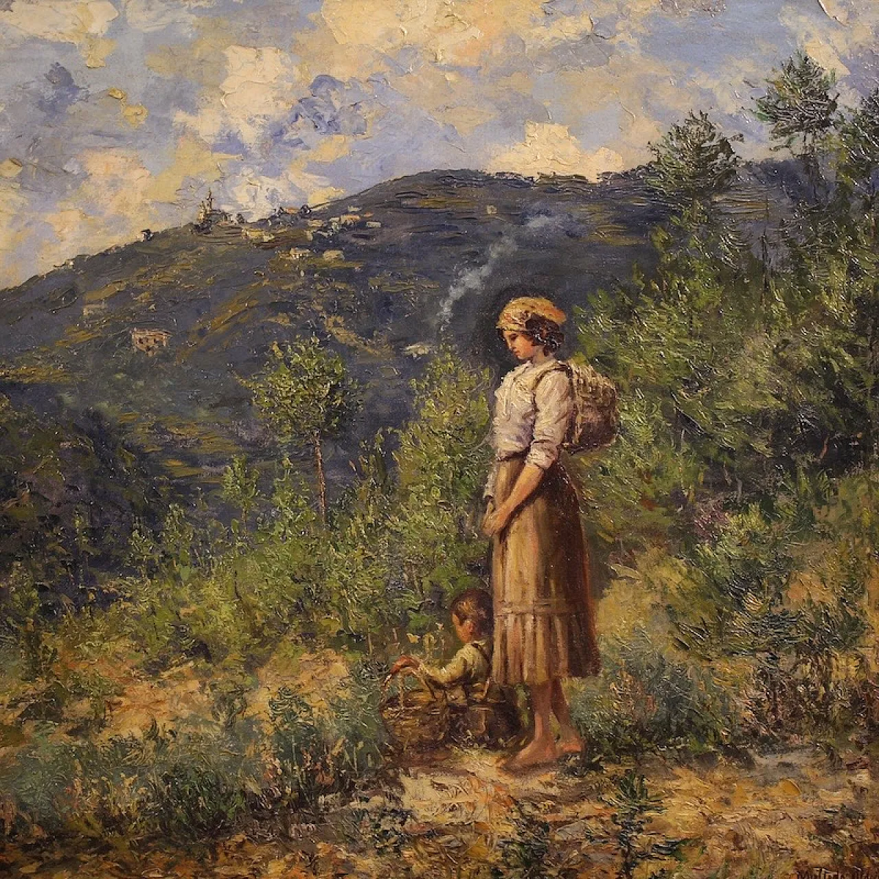 Multedo Oldoino, landscape painting with figure signed and dated 1914 3
