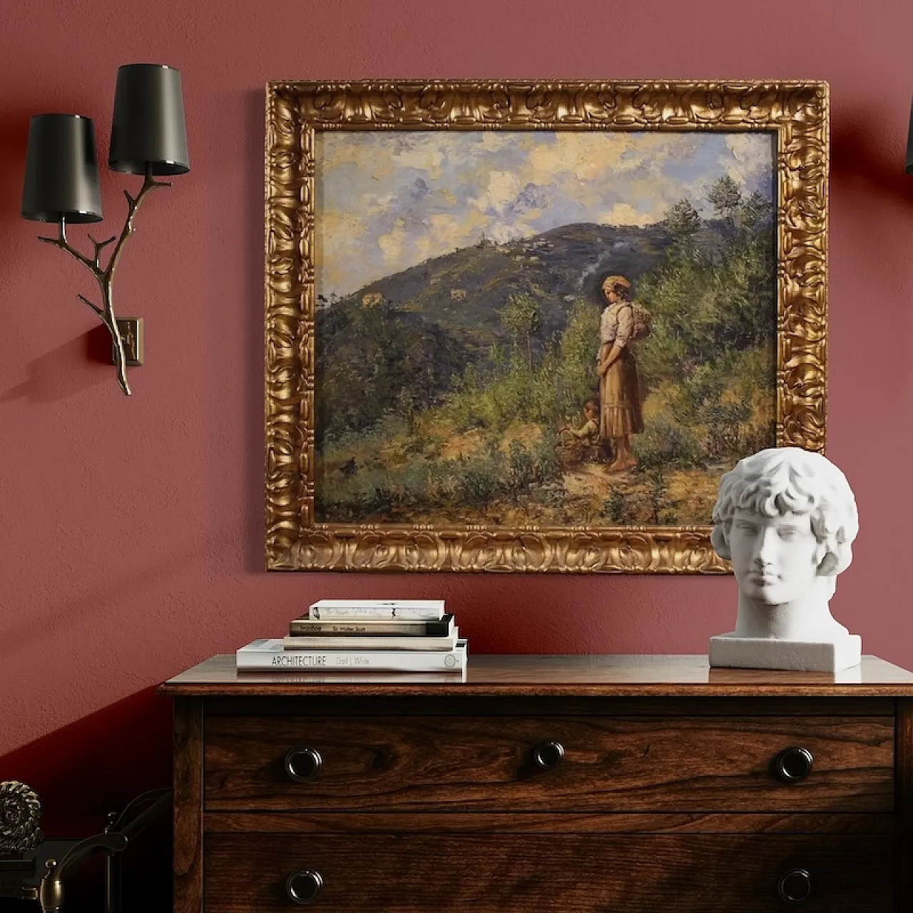 Multedo Oldoino, landscape painting with figure signed and dated 1914 5