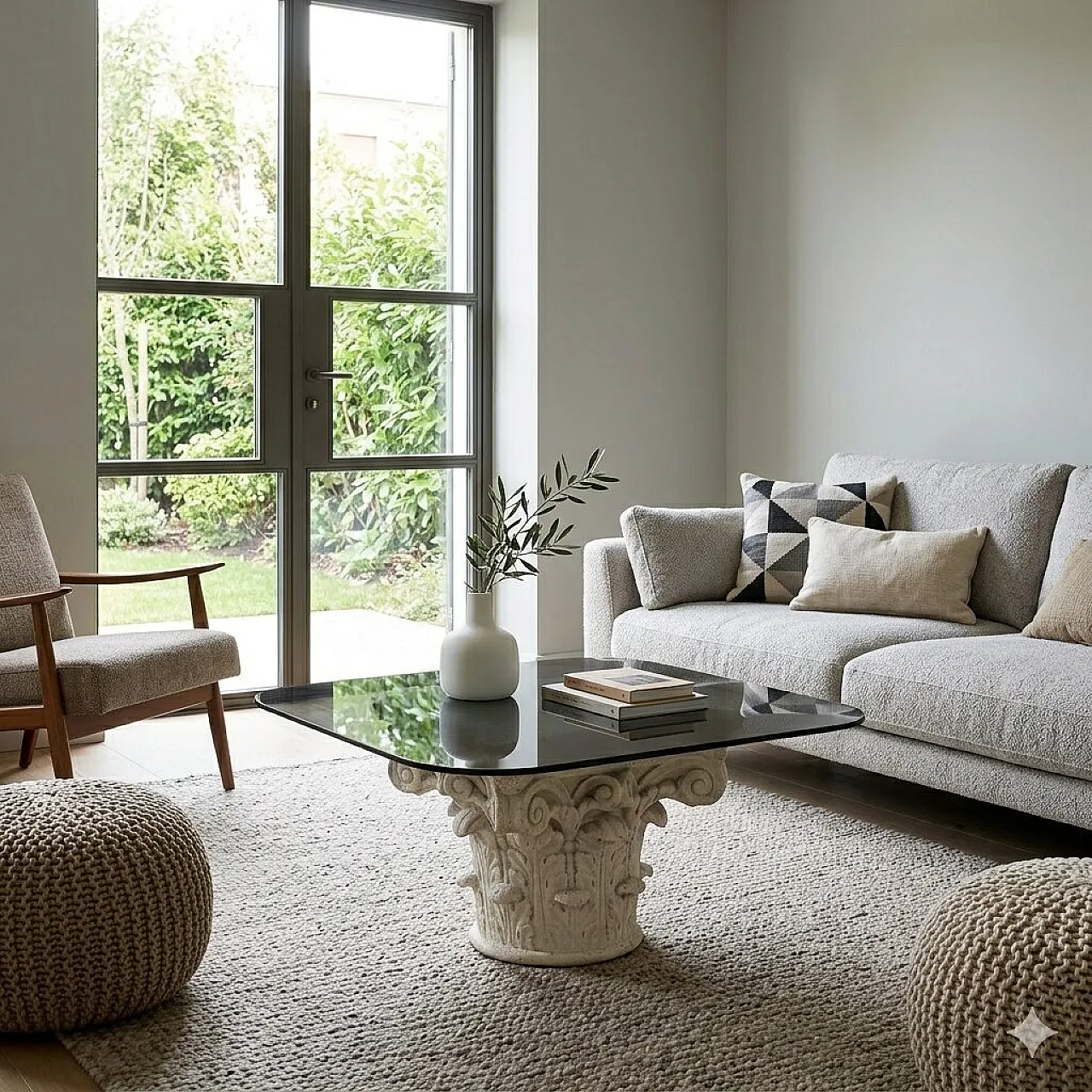 Glass coffee table on capital base, 20th century 2