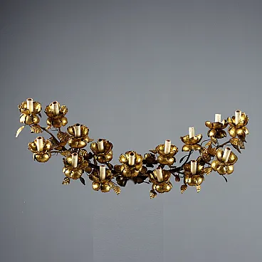 Lampada da parete in ferro battuto e lamiera con foglia oro, fine '800