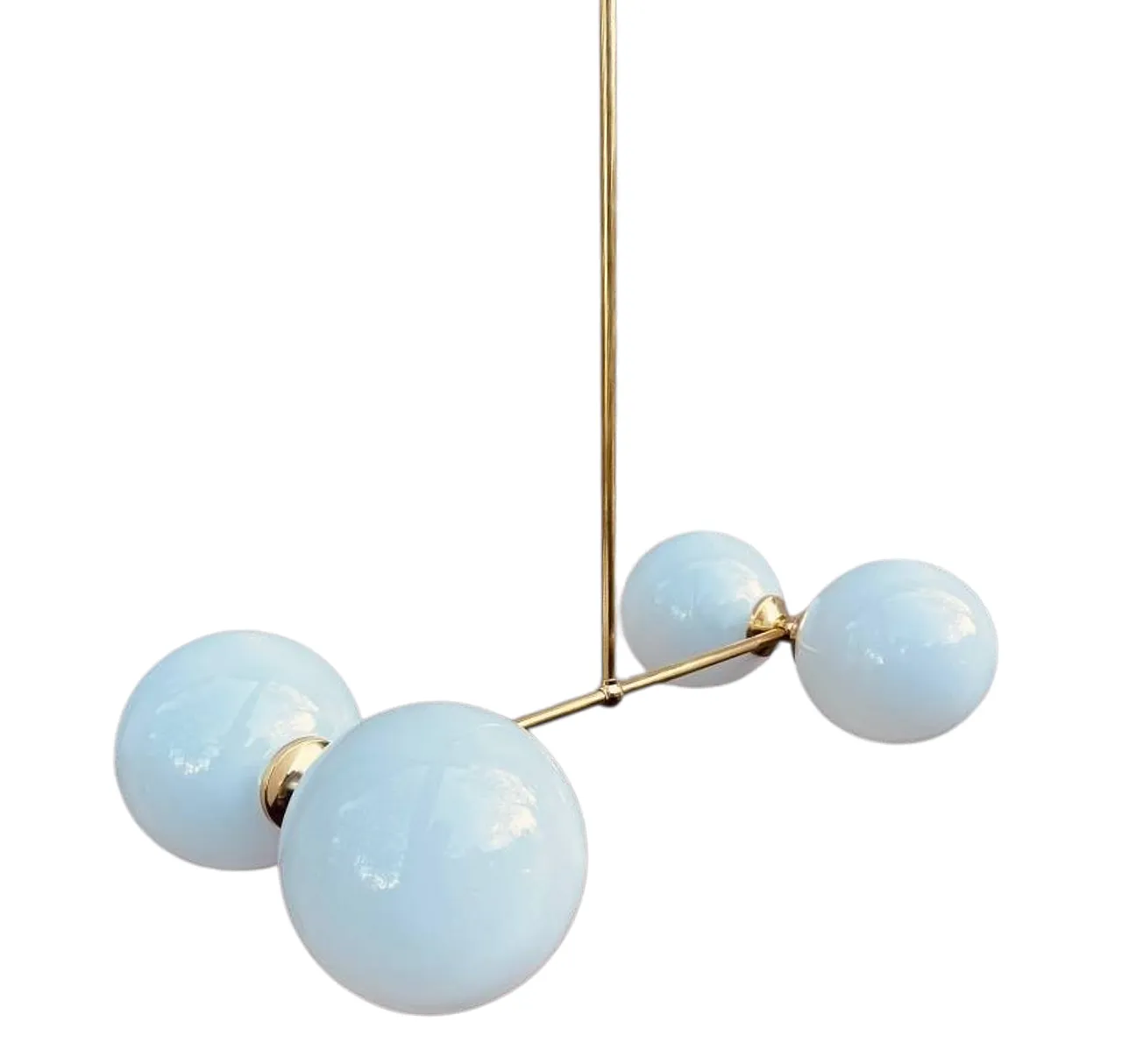 Brass Atomic Chandelier with 4 Opaline Globes, mid 20th Century 1