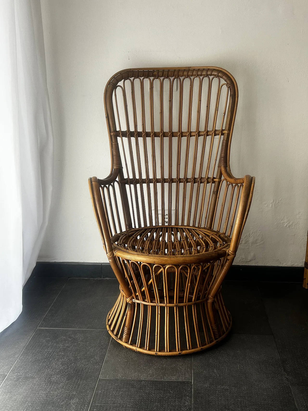 Armchair in bamboo and rattan with padded cushion, 1970s 1