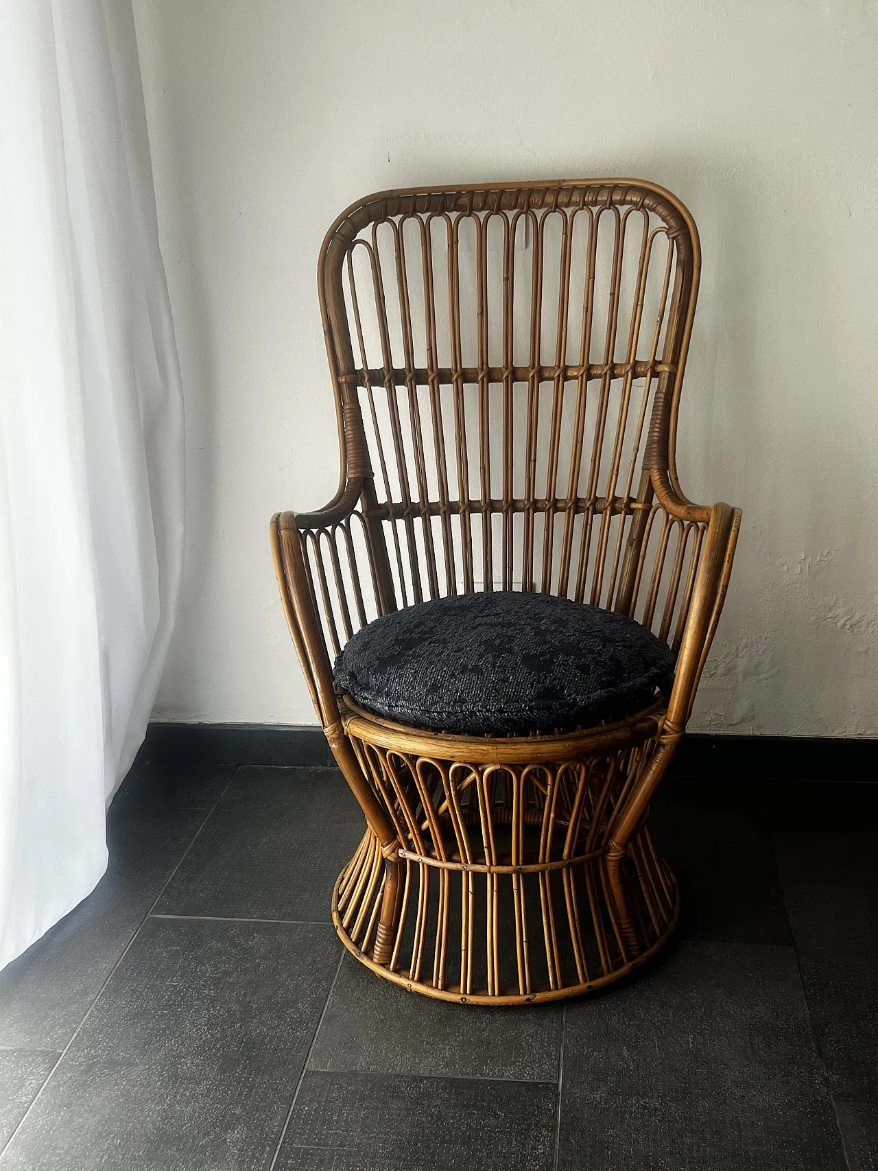 Armchair in bamboo and rattan with padded cushion, 1970s 2