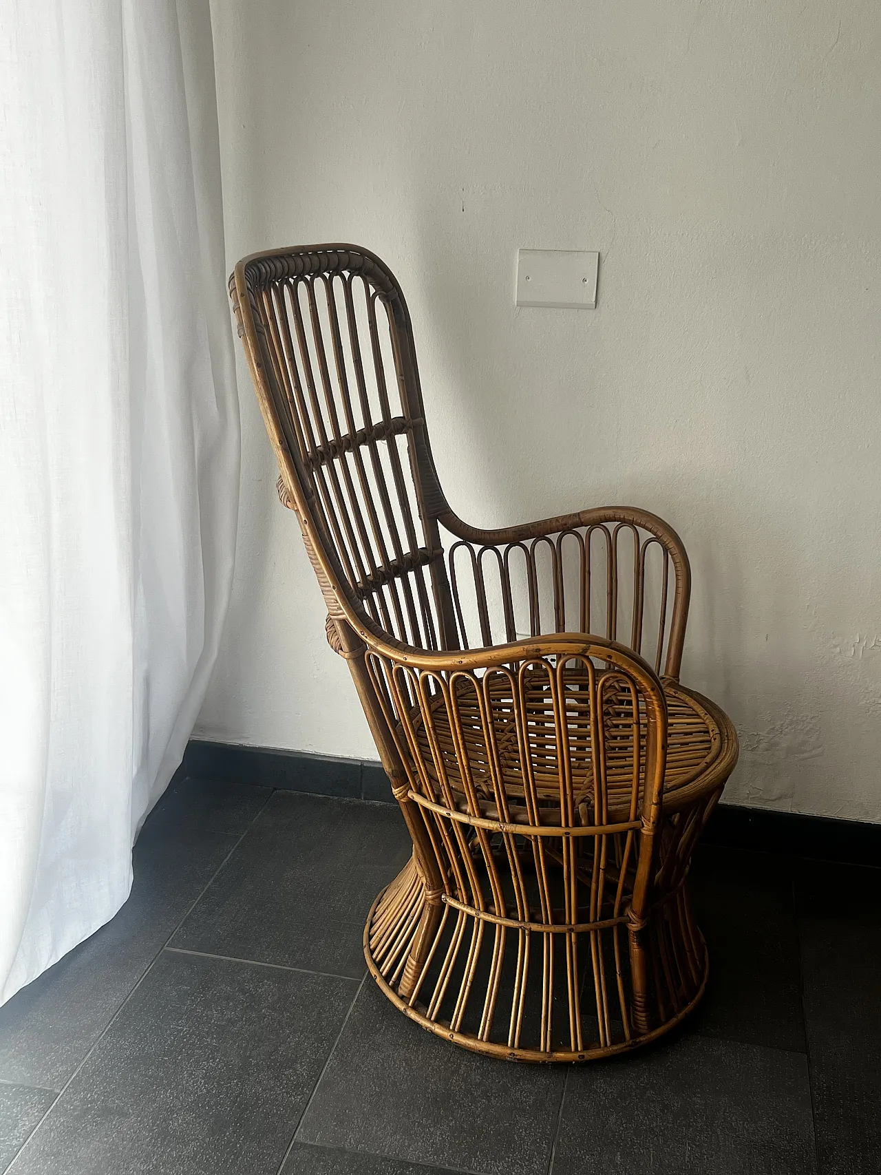 Armchair in bamboo and rattan with padded cushion, 1970s 5
