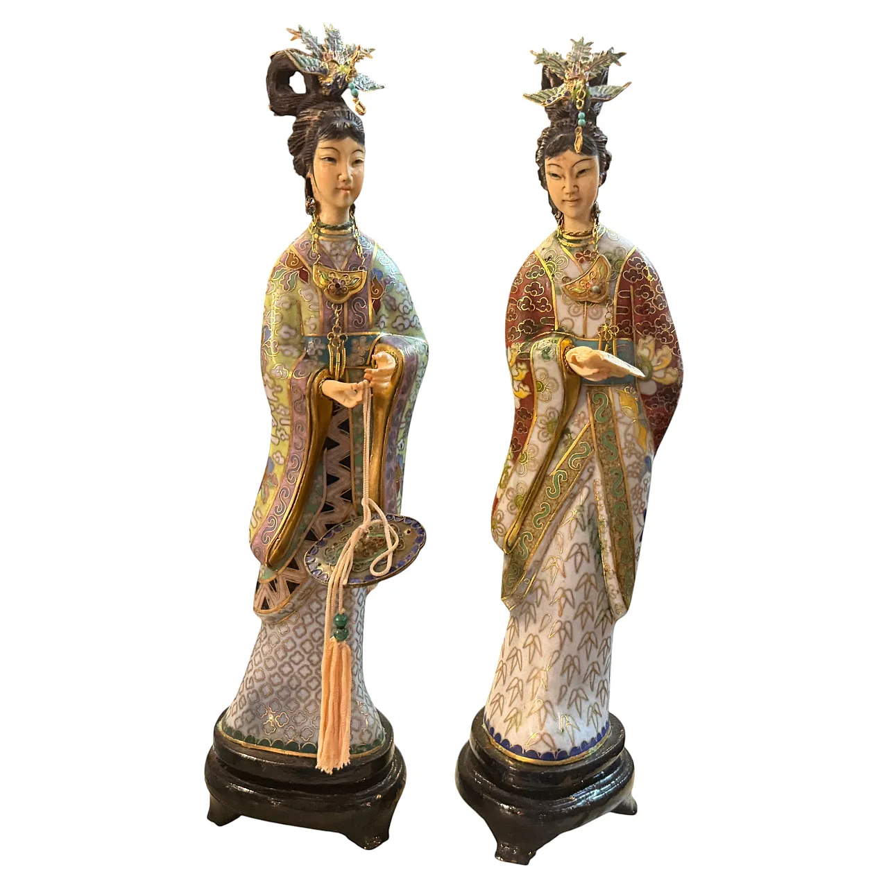Pair of Chinese export cloisonnè traditional figures of woman, 1960s 1