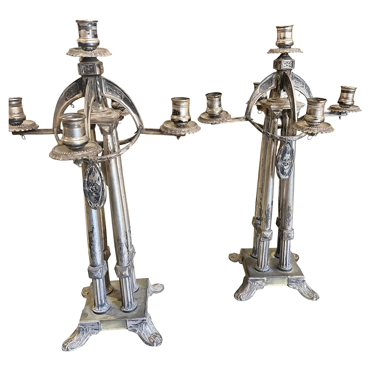 Art Nouveau silver plated five arms German candelabras, 20th century 1