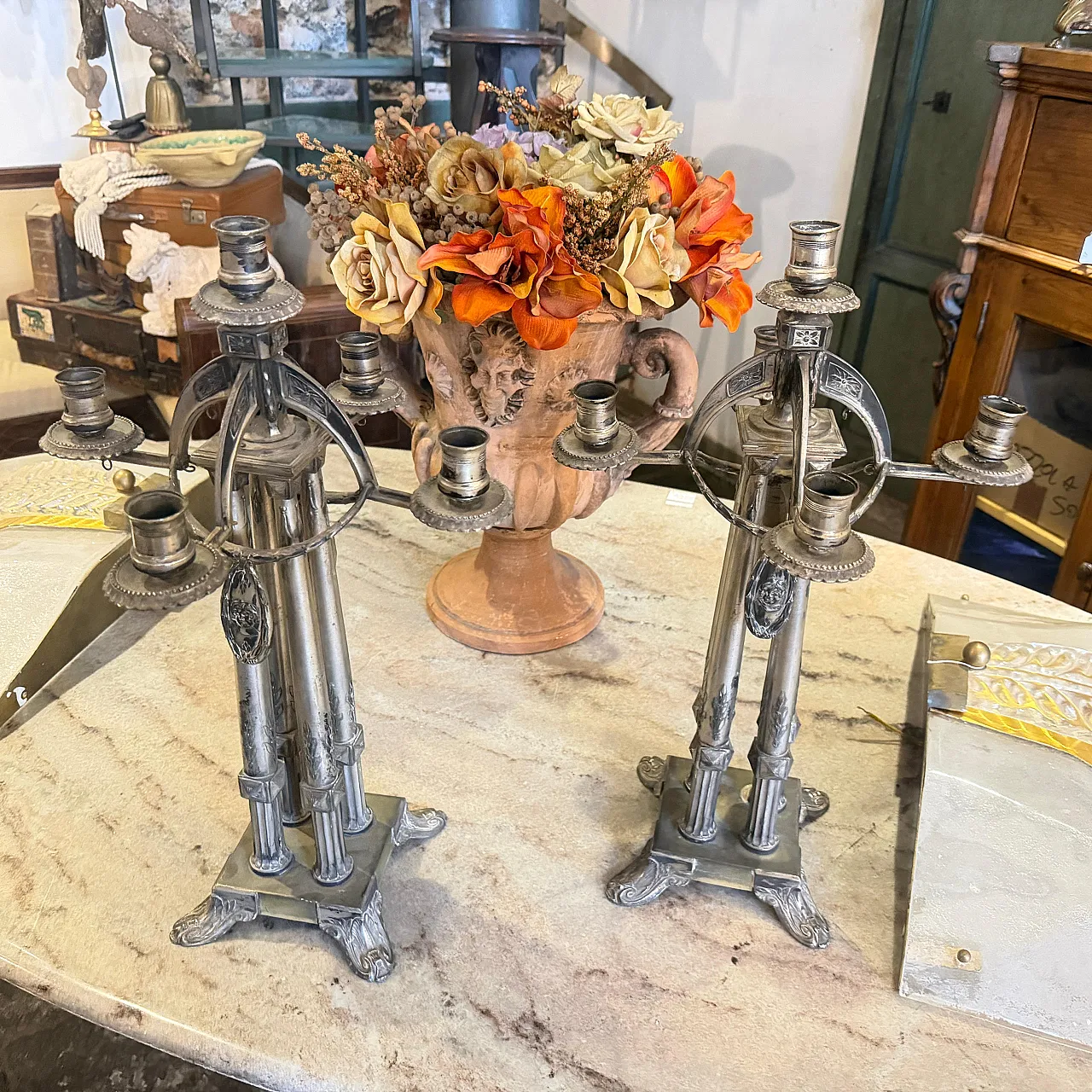 Art Nouveau silver plated five arms German candelabras, 20th century 4