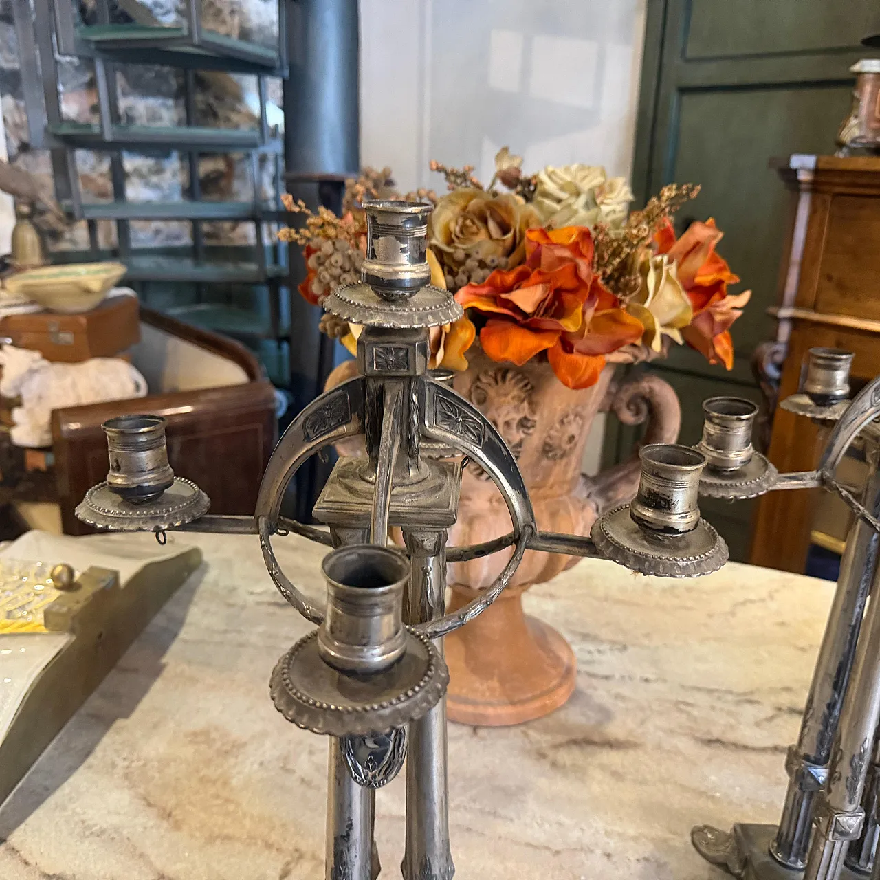 Art Nouveau silver plated five arms German candelabras, 20th century 5