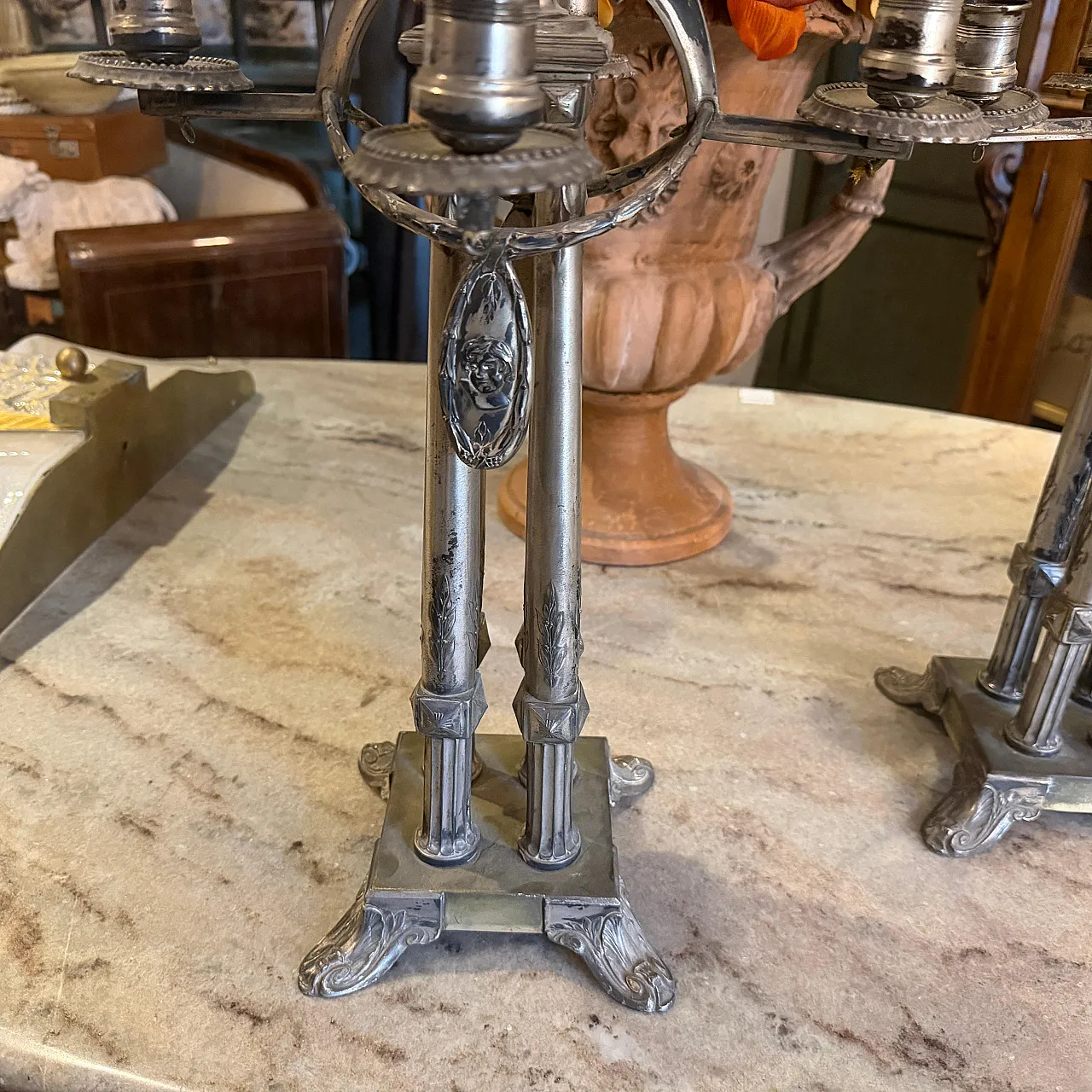 Art Nouveau silver plated five arms German candelabras, 20th century 6