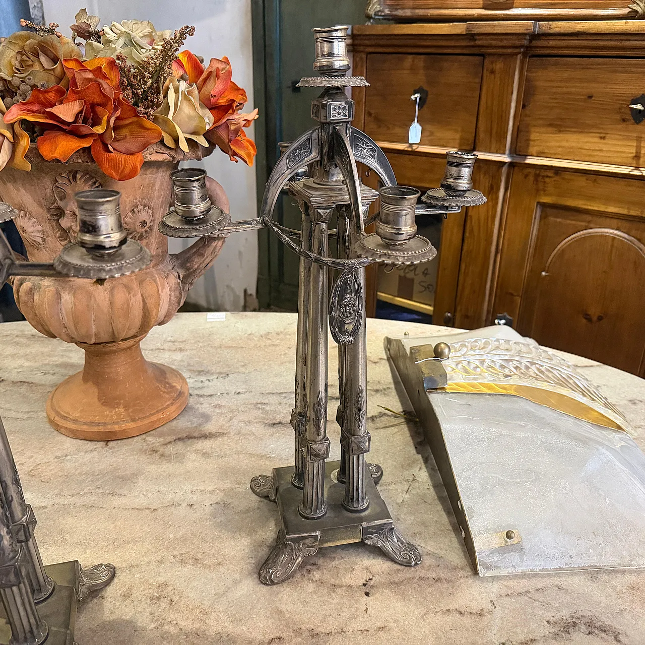 Art Nouveau silver plated five arms German candelabras, 20th century 7