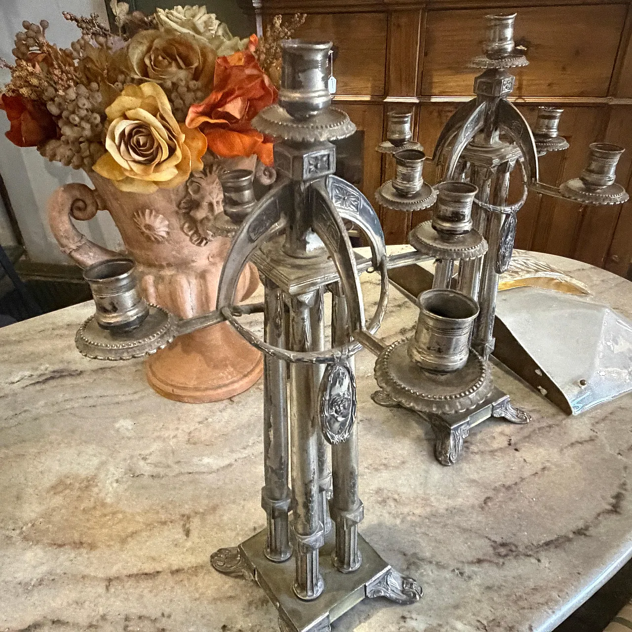 Art Nouveau silver plated five arms German candelabras, 20th century 9
