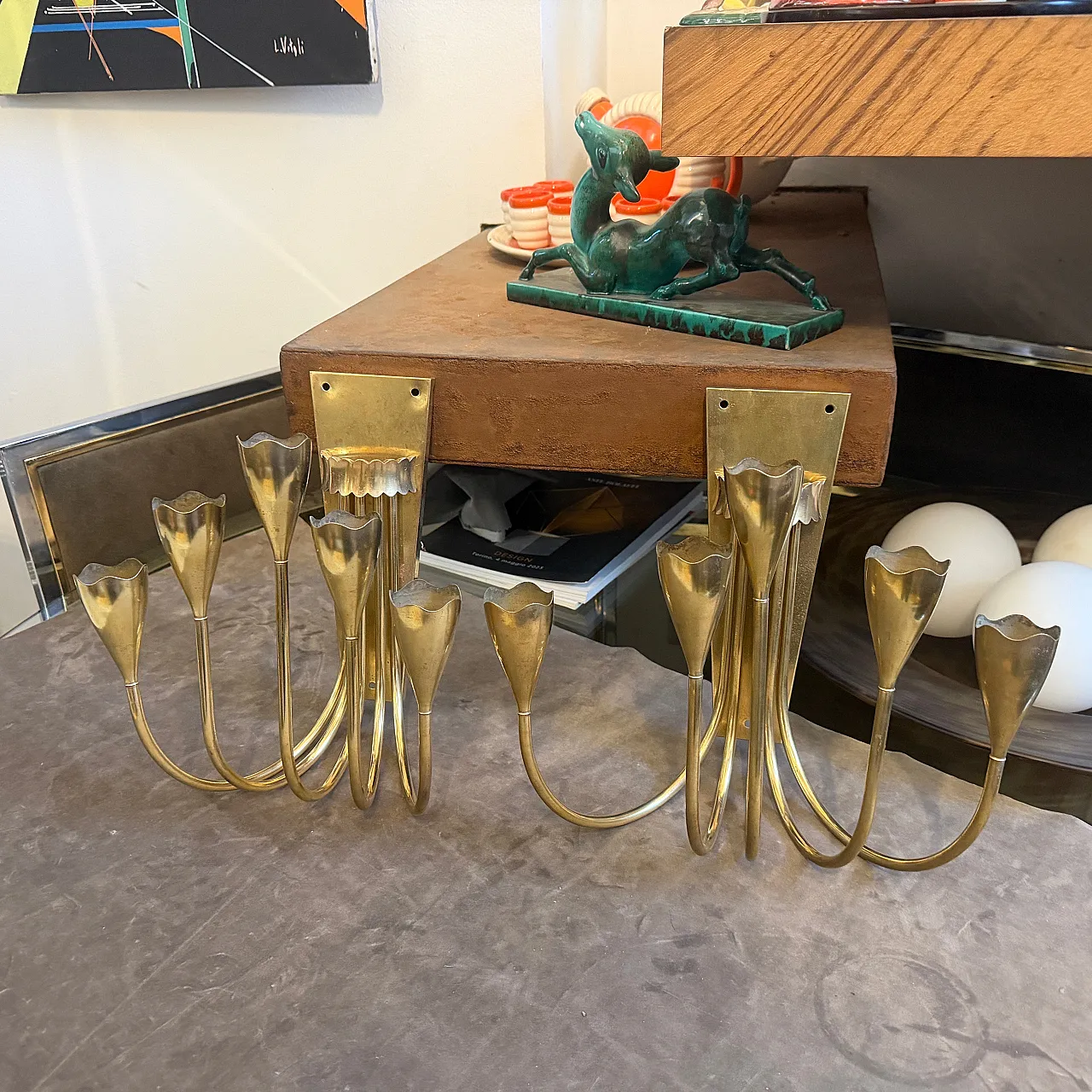 Pair of Gio Ponti solid brass wall sconces, 1940s 2