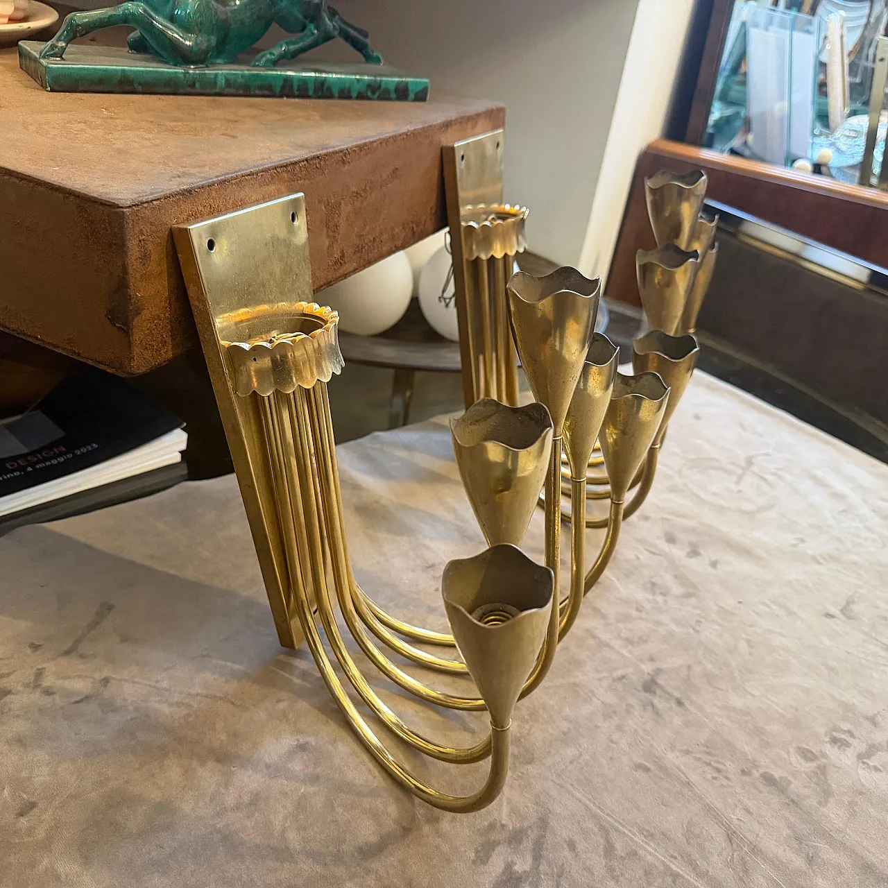 Pair of Gio Ponti solid brass wall sconces, 1940s 5
