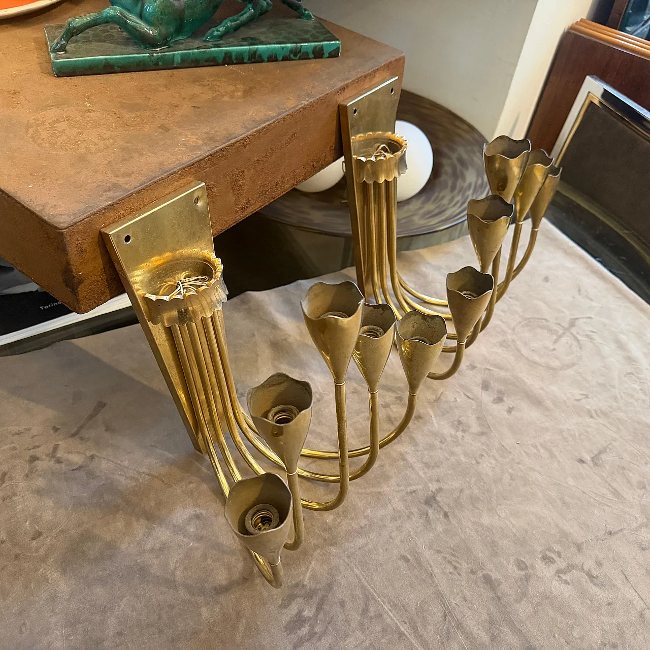 Pair of Gio Ponti solid brass wall sconces, 1940s 11