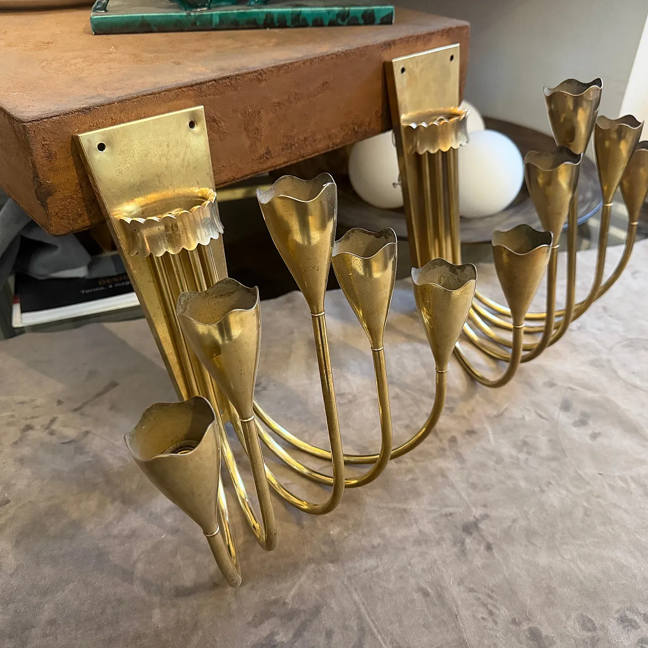 Pair of Gio Ponti solid brass wall sconces, 1940s 14