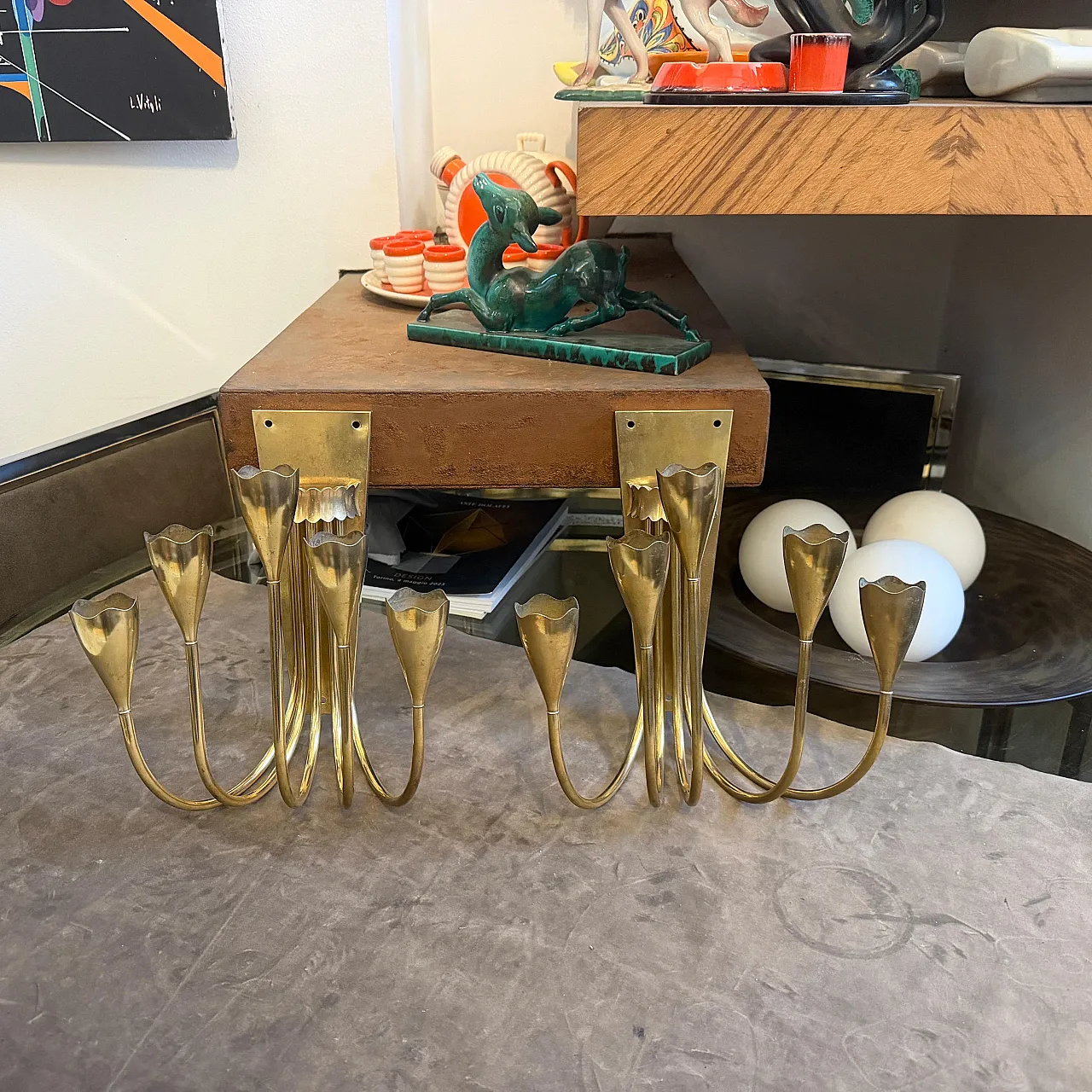 Pair of Gio Ponti solid brass wall sconces, 1940s 16