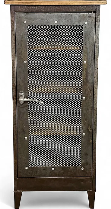 Industrial Iron Cabinet with Mesh Door, 1960s