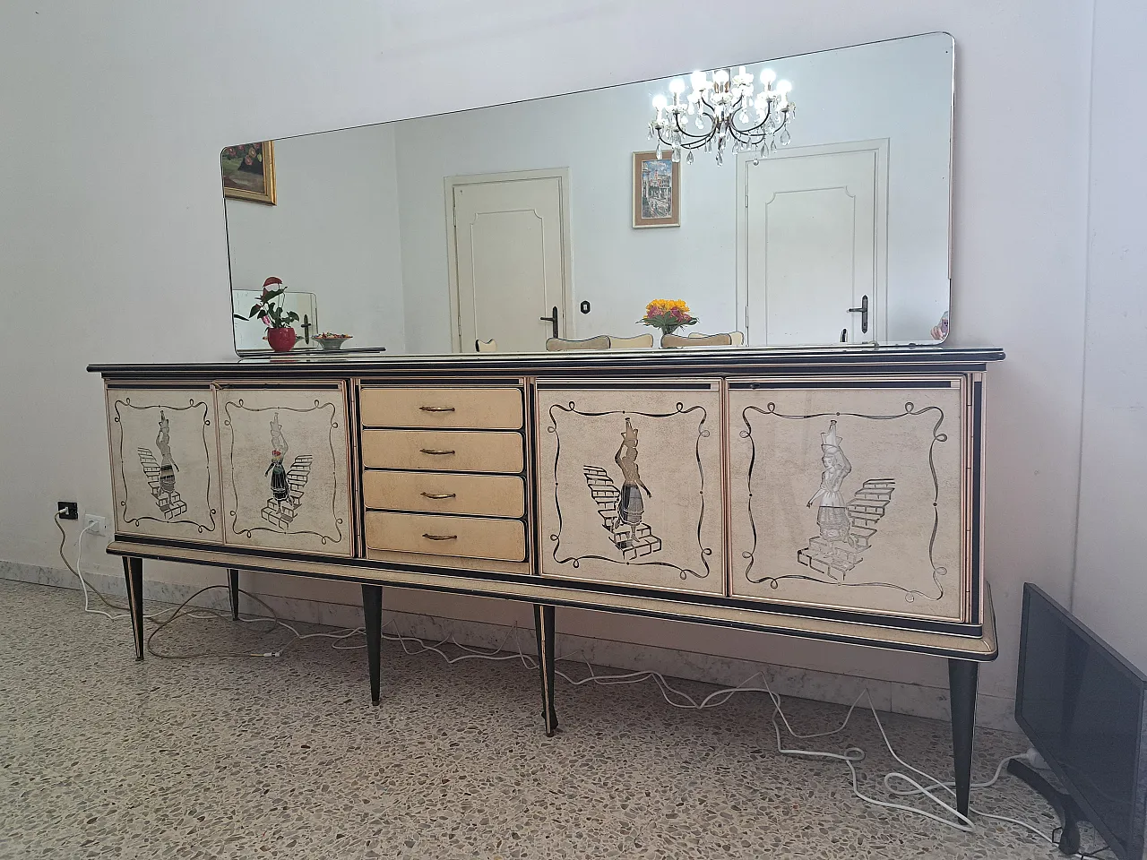 Mascagni sideboard with painted panels and mirror, 1950s 1