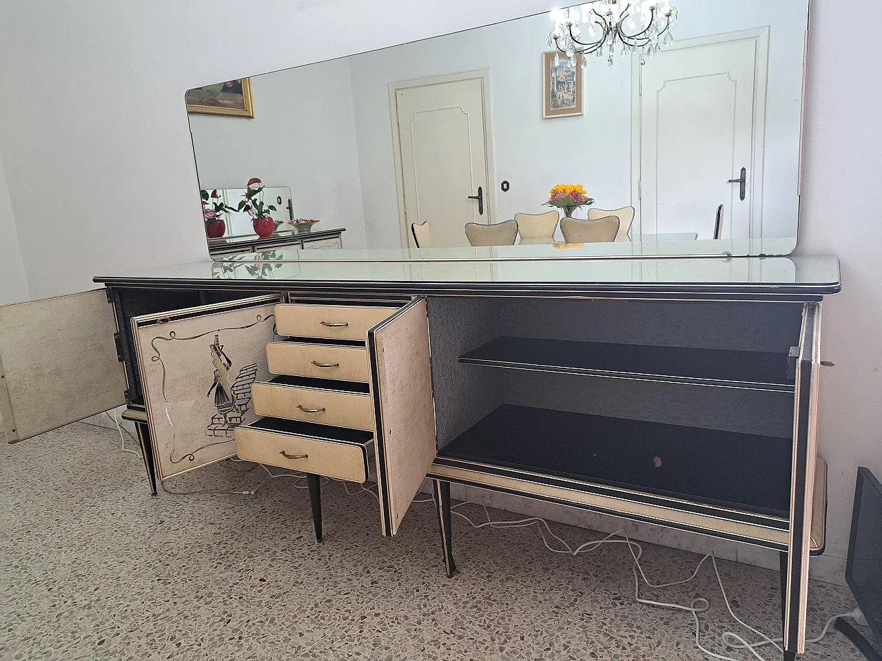 Mascagni sideboard with painted panels and mirror, 1950s 3