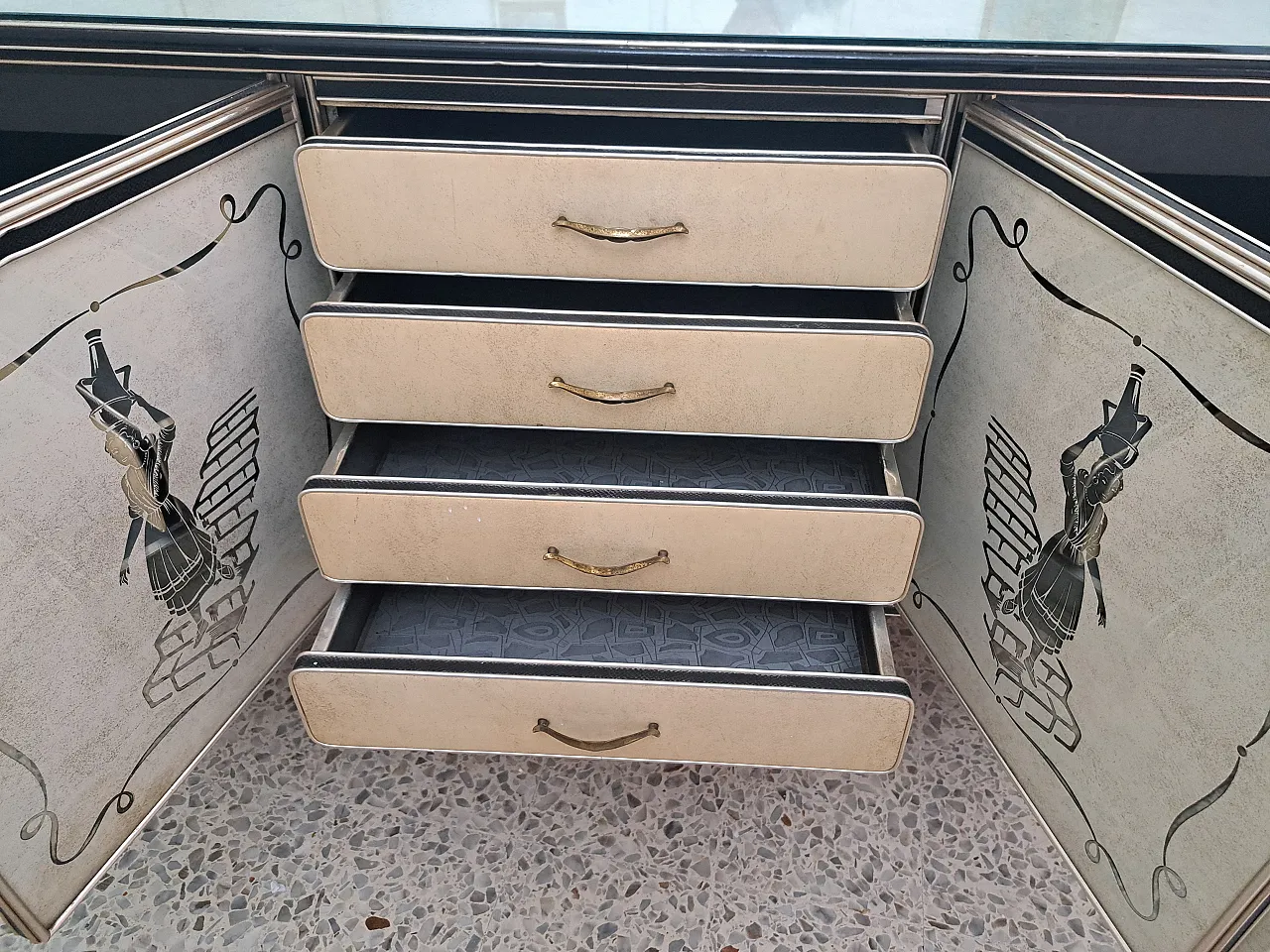 Mascagni sideboard with painted panels and mirror, 1950s 4