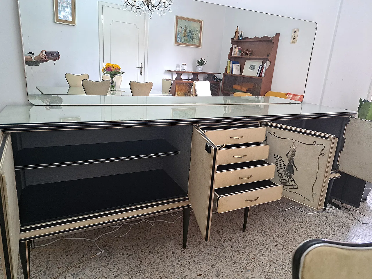 Mascagni sideboard with painted panels and mirror, 1950s 5