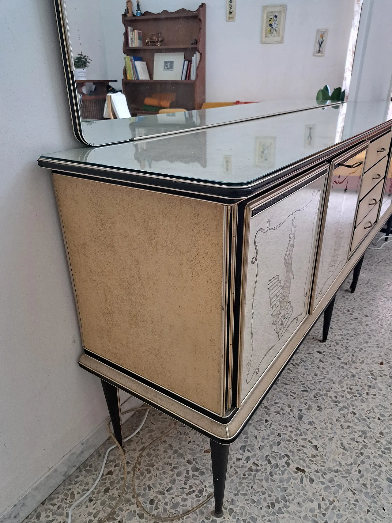 Mascagni sideboard with painted panels and mirror, 1950s 7
